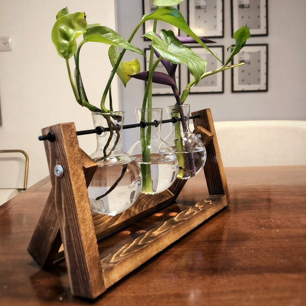 אגרטל שלישייה לצמחים מזכוכית ועץ